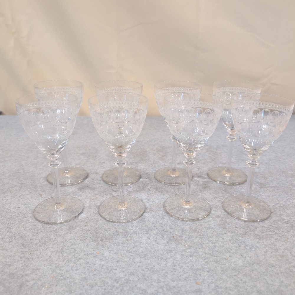 Vintage Etched Lace Crystal Wine Glasses Set of 8 Clear Stemmed Goblets - Picture 1 of 7